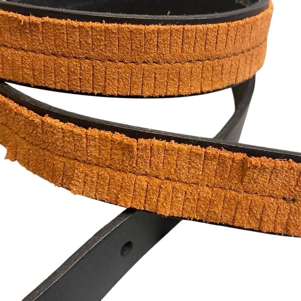 NEW Fossil Leather Belt Fringe Skinny Black Brown Size Medium Womens